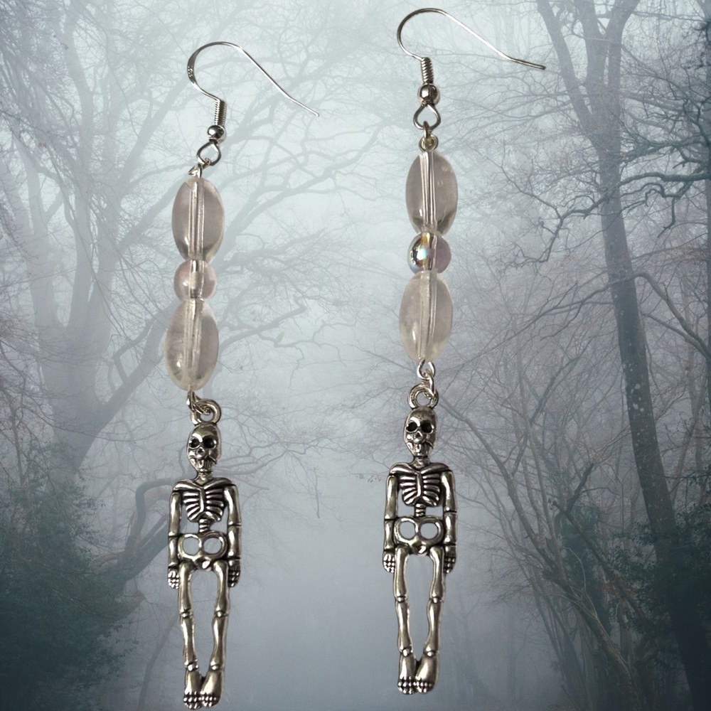 Hand Crafted Skeleton Earrings Glow Beads Long Duster Halloween Pierced - Picture 6 of 6